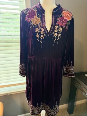 Johnny Was Plum Velvet Embroidered Long-Sleeve Dress